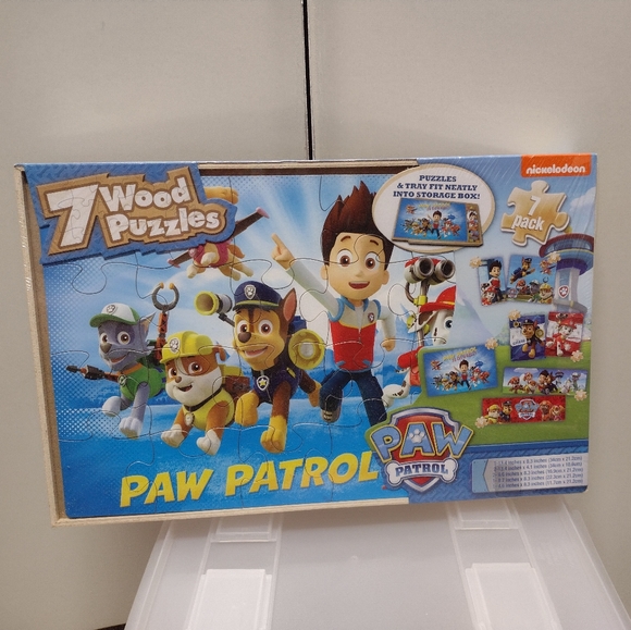 NIB Paw Patrol 7 Wood Puzzles in Wooden Storage Box - Picture 1 of 6
